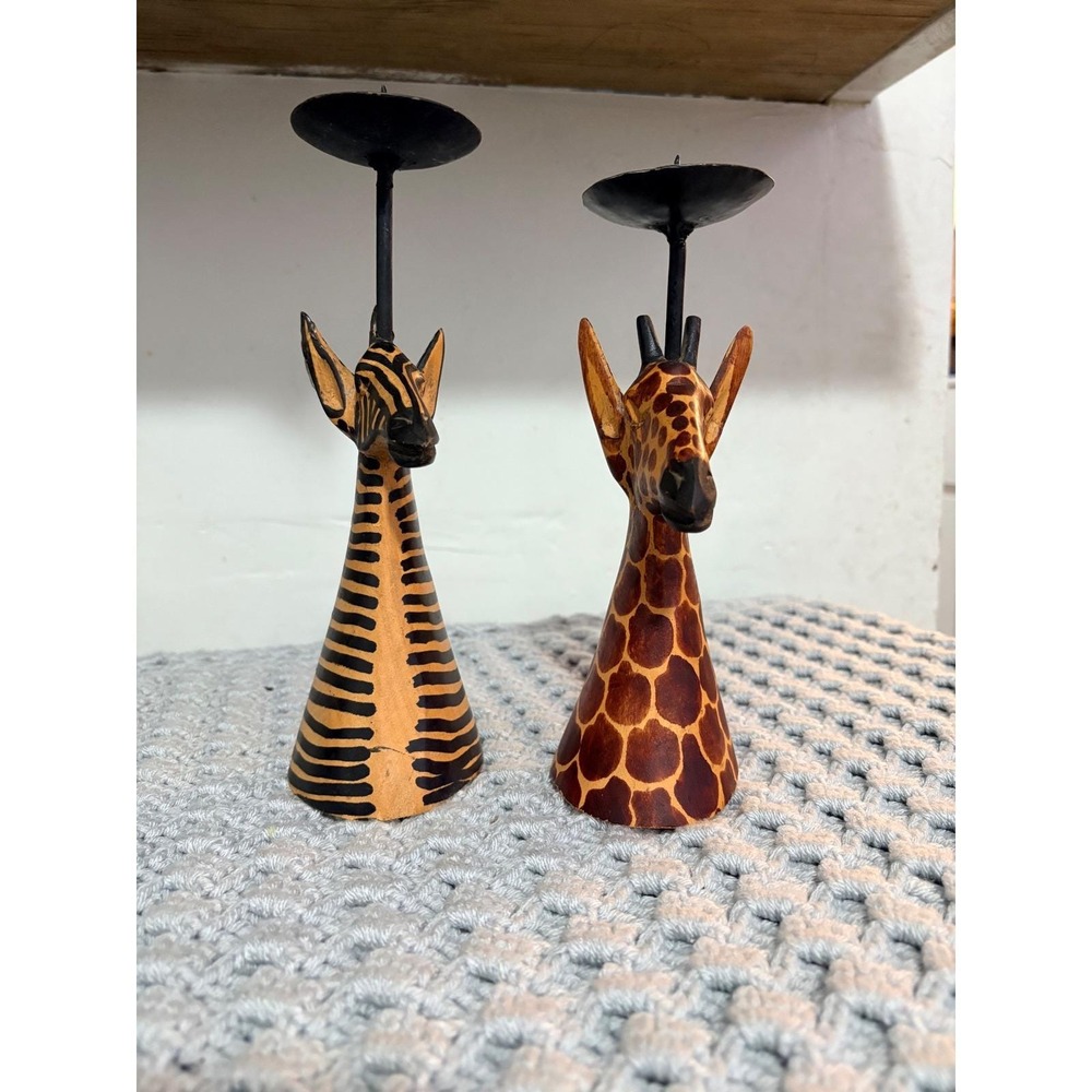 Hand Carved Wood Zebra Giraffe Candle Holder Set Made in Kenya African Folk Art
